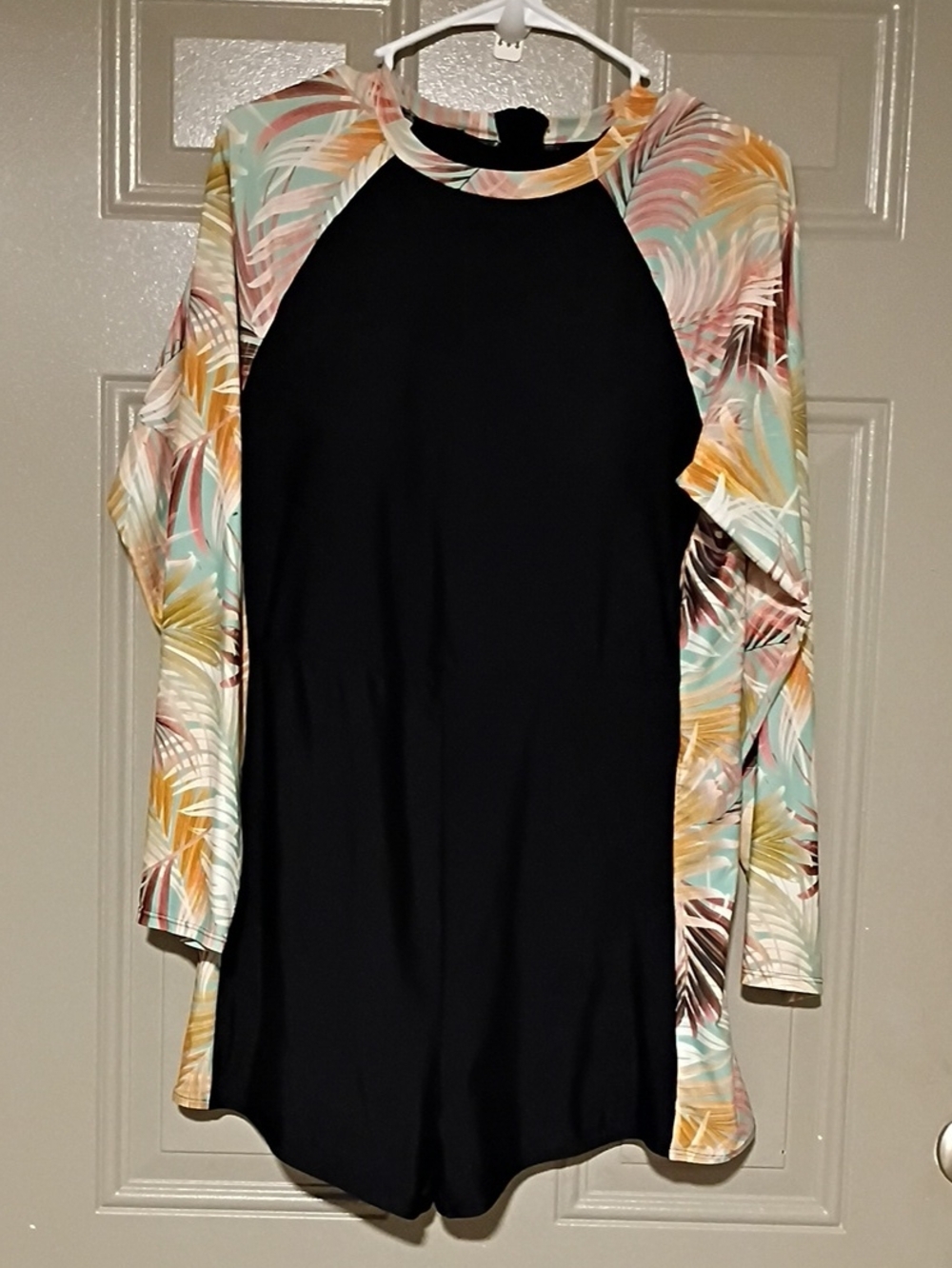 Torrid Black One-Piece Rash Guard Swimwear with Tropical Print Sleeves